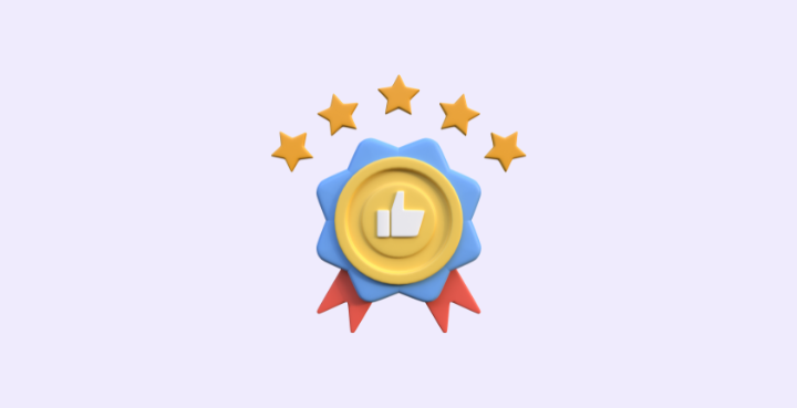 Blue ribbon medal with two red ribbons beneath, a gold circle in the centre featuring a white thumbs up icon, and five gold stars arching above, set against a light lilac background.